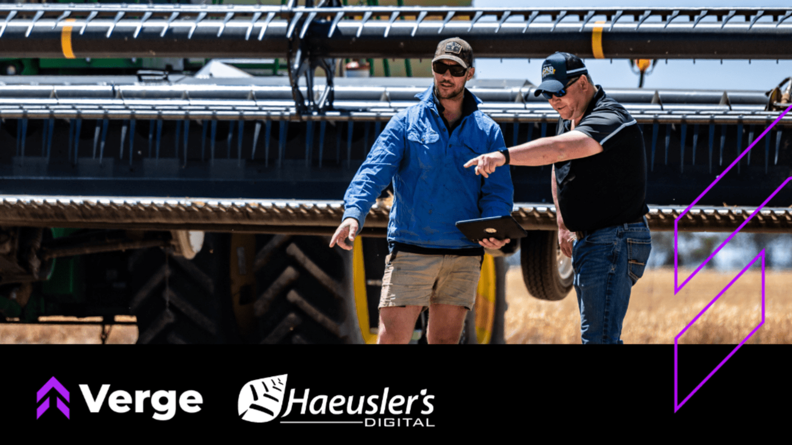 Haeusler's digital partnership with grower and dealer standing infront of a combine