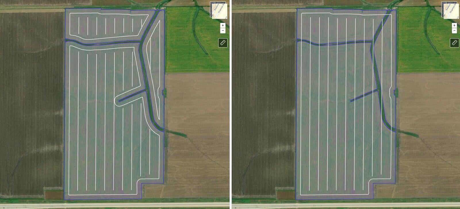Farm sprayer path plan comparing a 120 foot path plan outlining passable grass waterways versus traversal with section control shut off