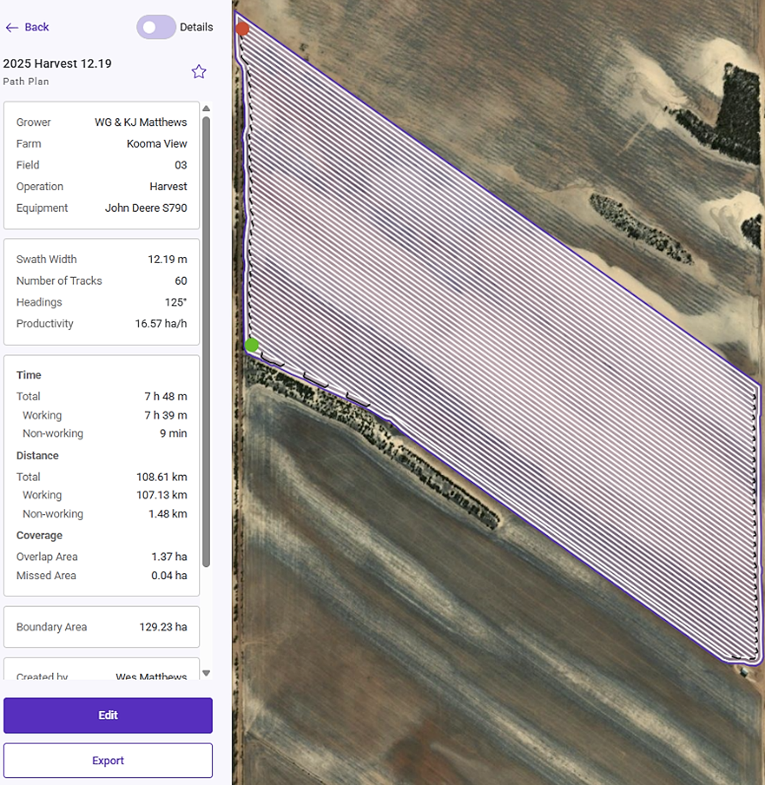 Launch Pad screenshot showing harvest runlines with +8 degree offset