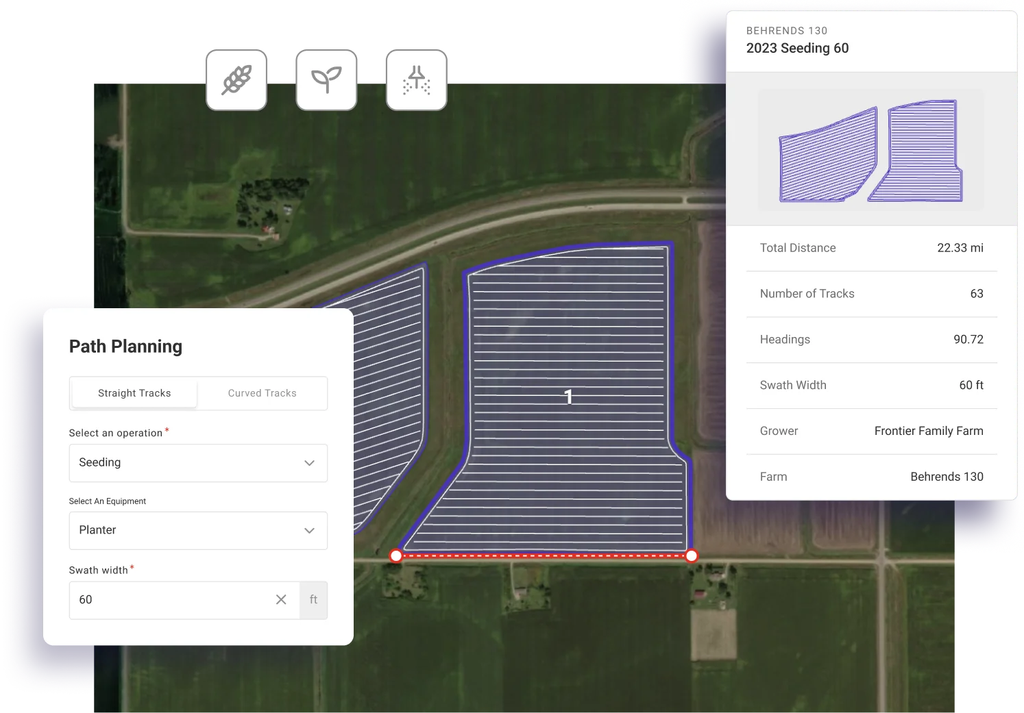 Path Planner interface showing optimized field routes